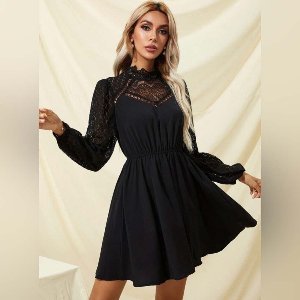 NWOT SHEIN Frenchy Solid Eyelet Lace Dress Black WOMENS SIZE 6